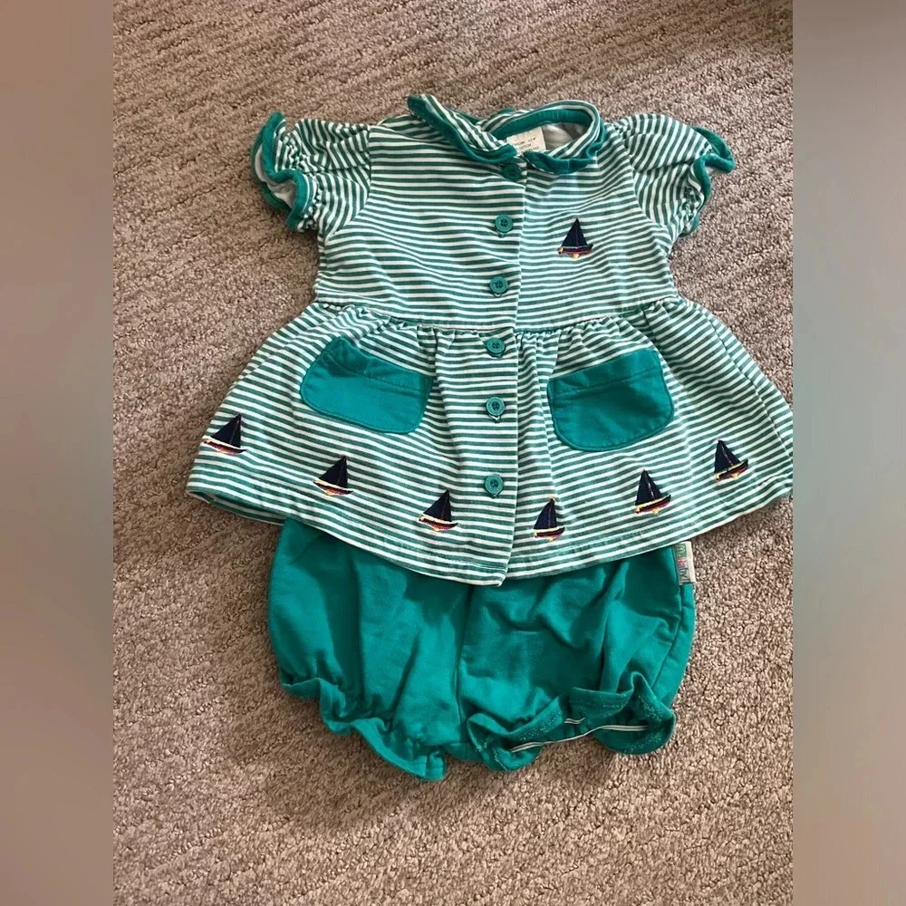 Vintage McBaby teal and striped blouse and shorts set with boats
